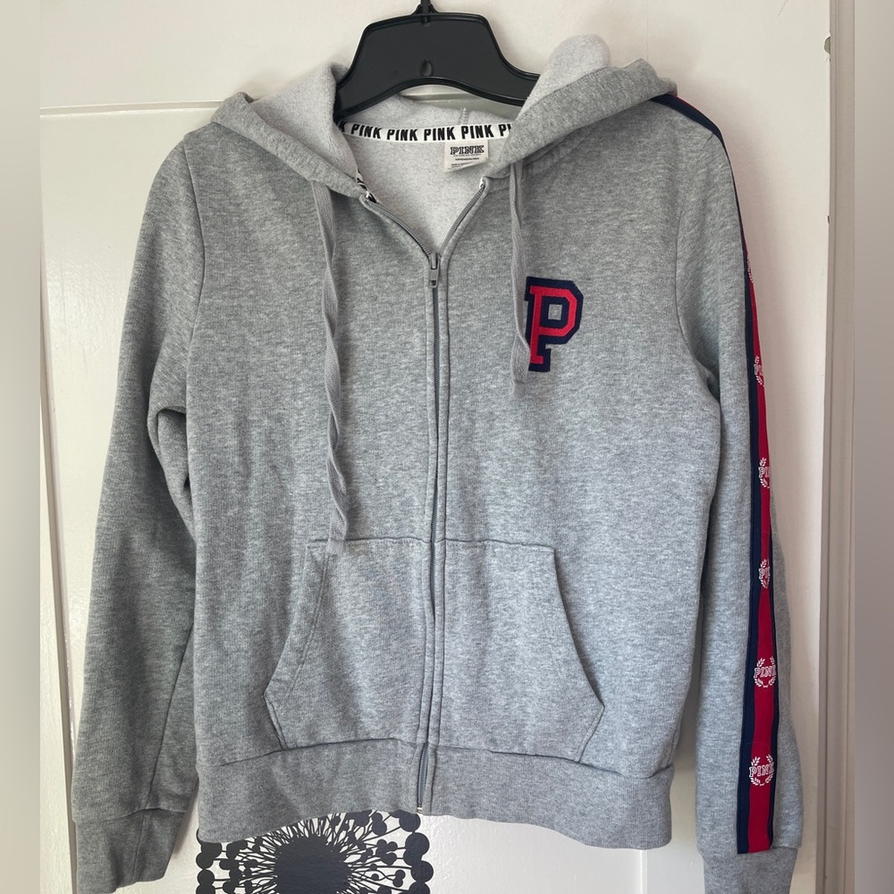 Victoria Secret PINK Grey Red Navy Blue Ribbon Logo Detail zipup hoodie, size S